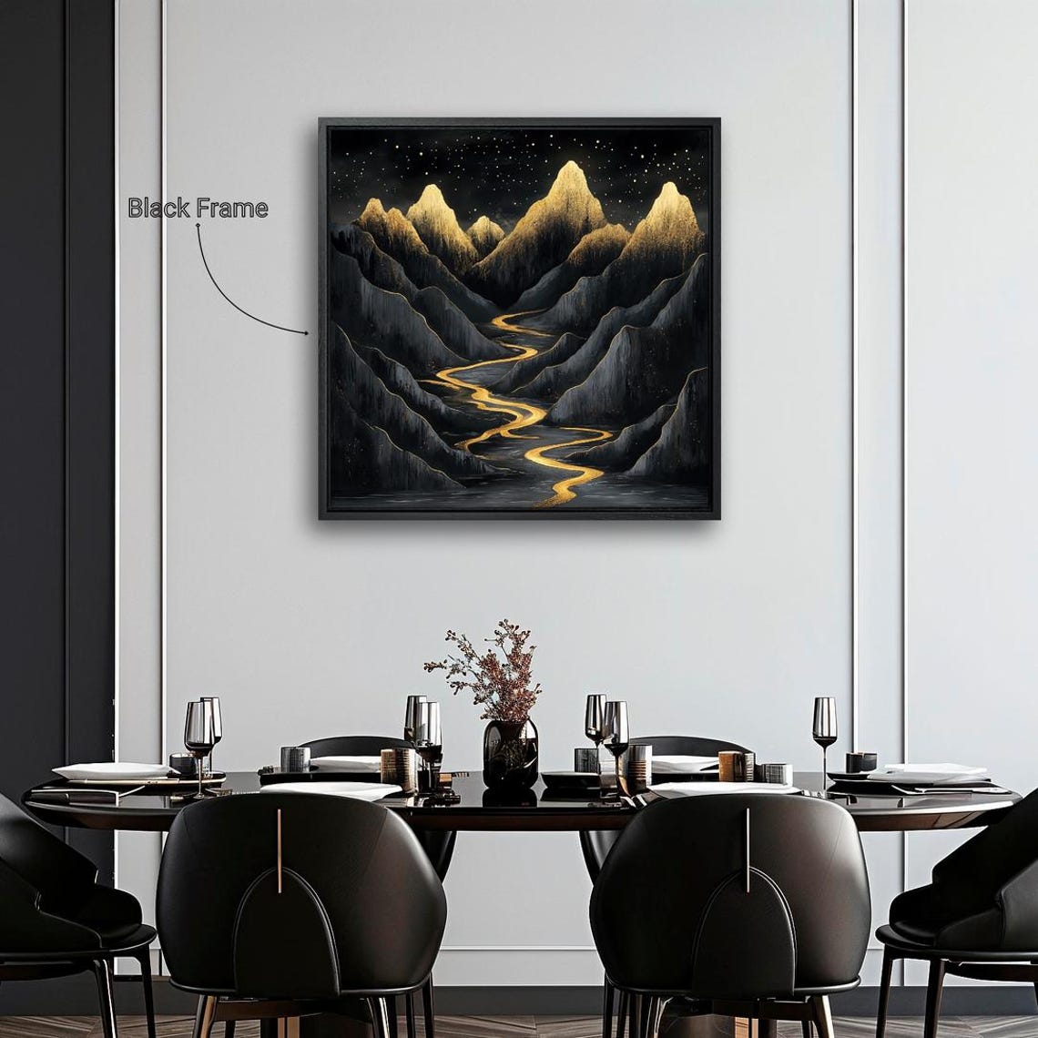 Black Mountain Peaks Golden Starry Night River Luxury Art Print - Image 2