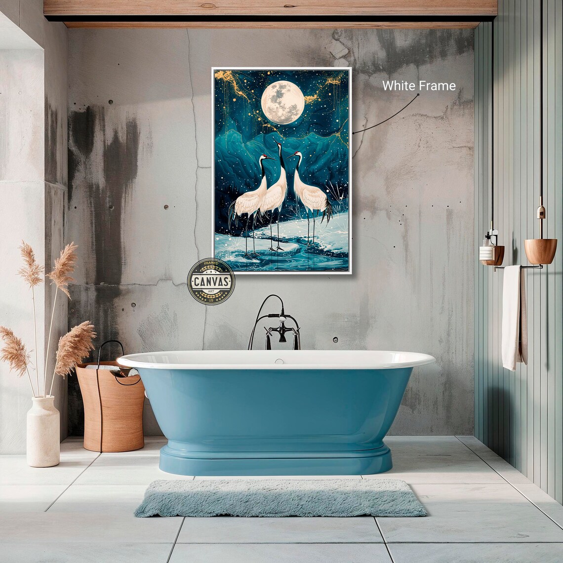 Three Cranes Full Moon Teal Night Sky Snowy Water Japanese Bird Art Poster - Image 5