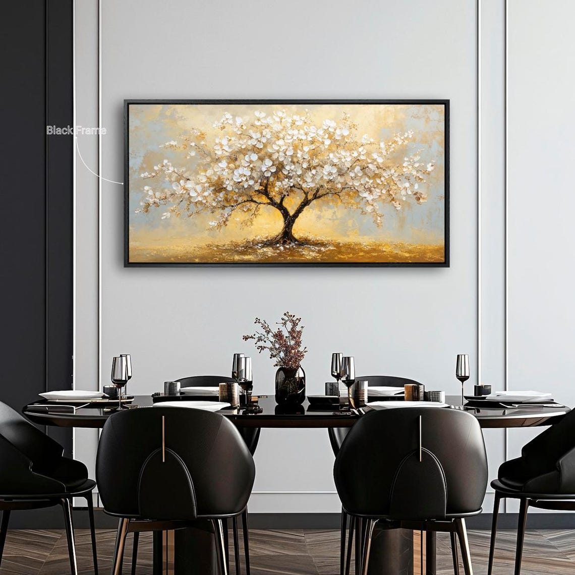 White Cherry Blossom Tree Gold Abstract Painting Panoramic Wall Poster - Image 2
