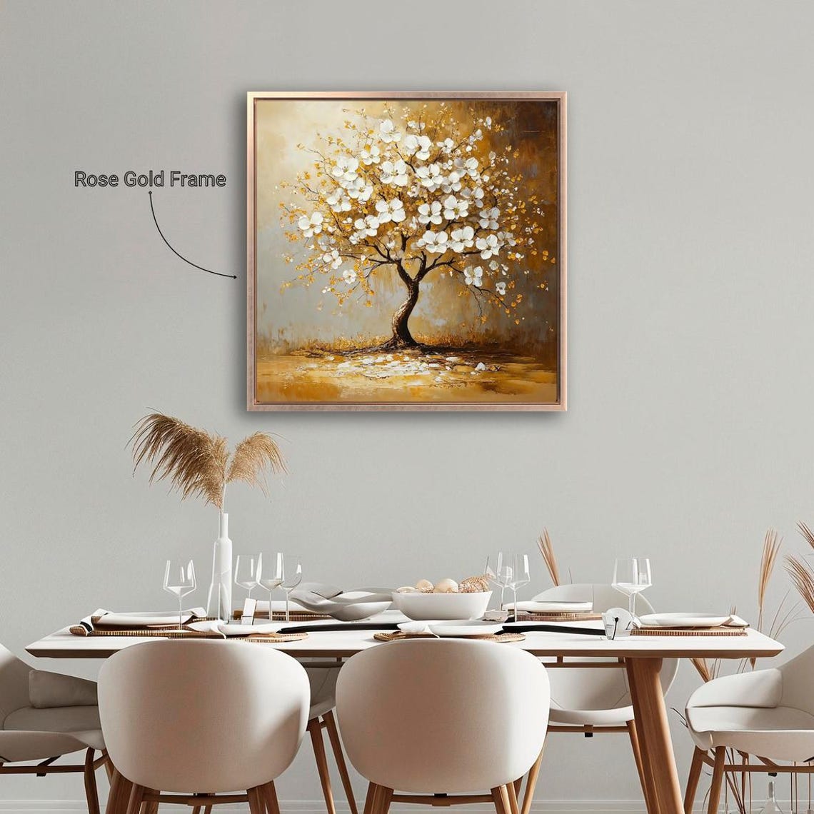 White Blossom Tree With Golden Leaves Square Abstract Wall Poster - Image 4