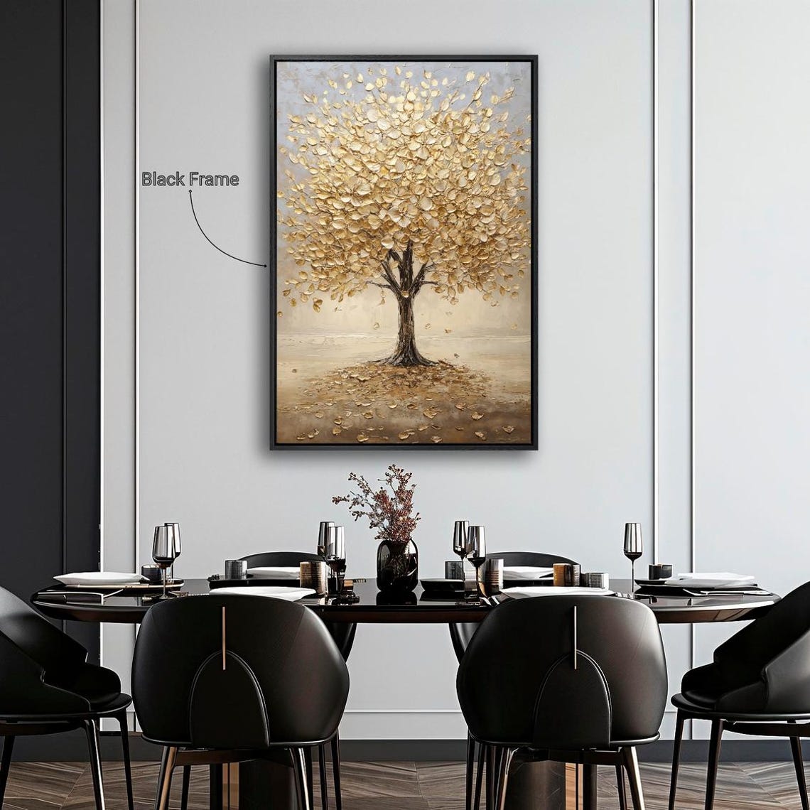 Golden Tree Of Life Falling Gold Leaves Vertical Abstract Wall Poster - Image 2