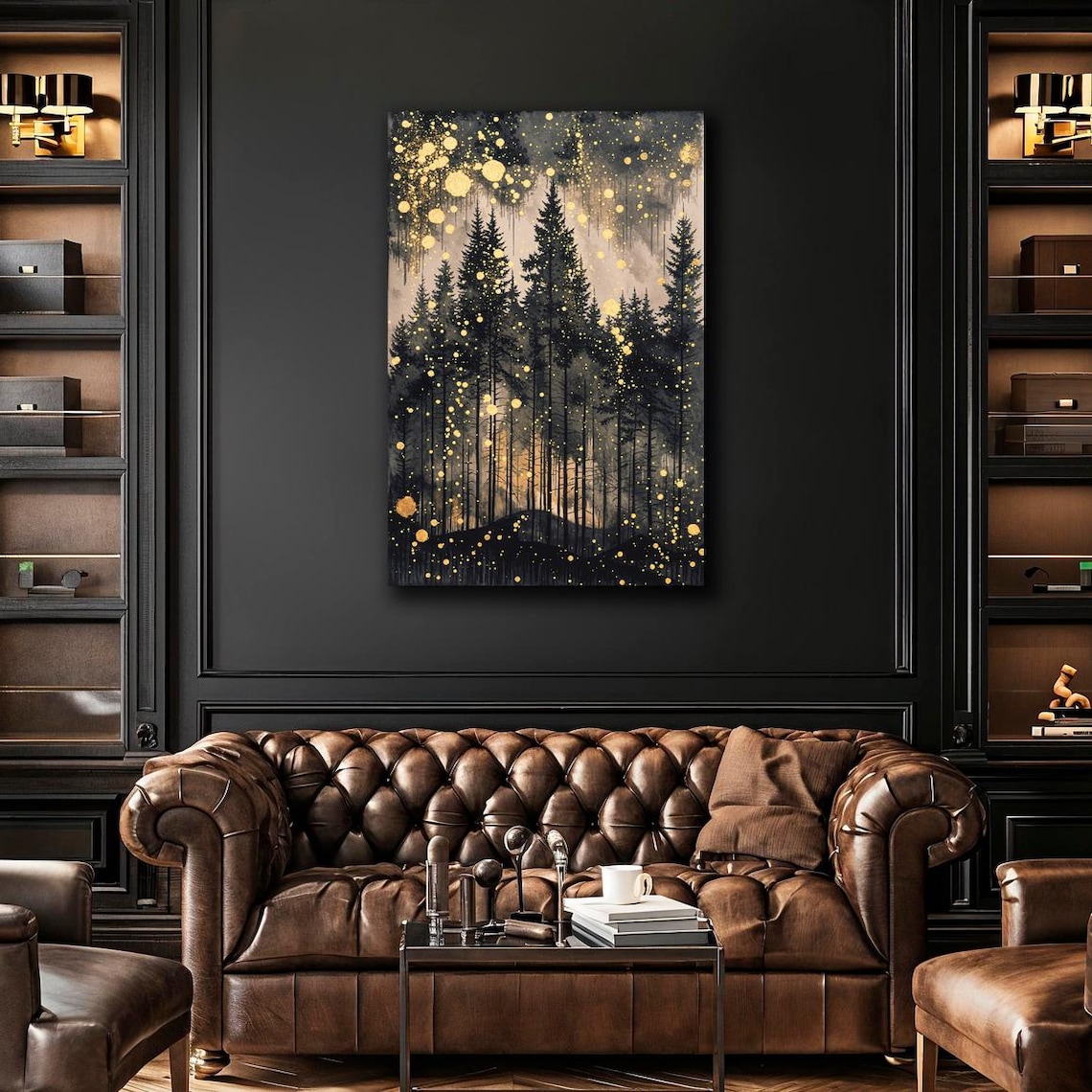 Mystical Pine Forest Golden Starry Night Enchanted Woods Wall Art Poster - Image 2