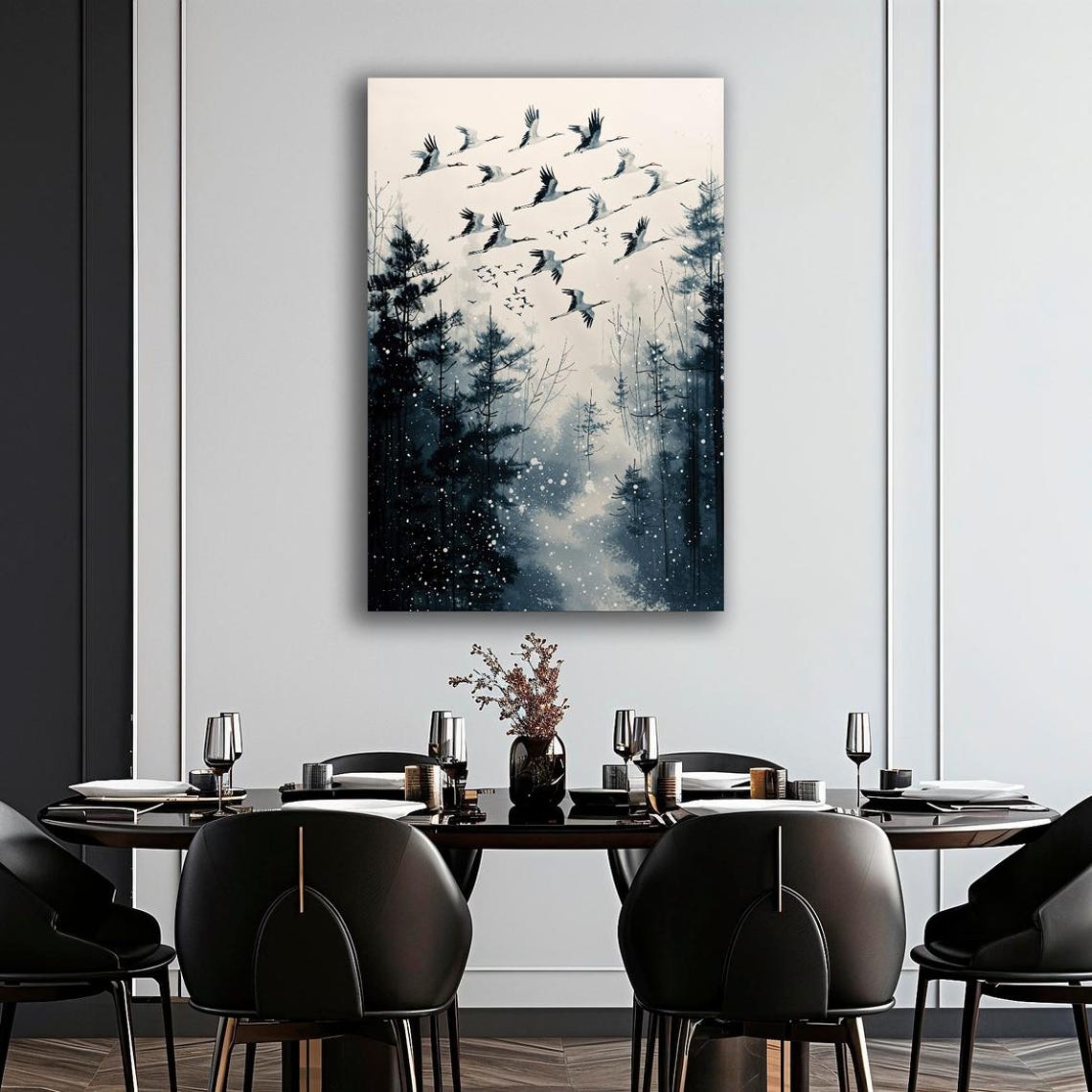Japanese Cranes Flying Misty Snowy Pine Forest Winter Poster - Image 2
