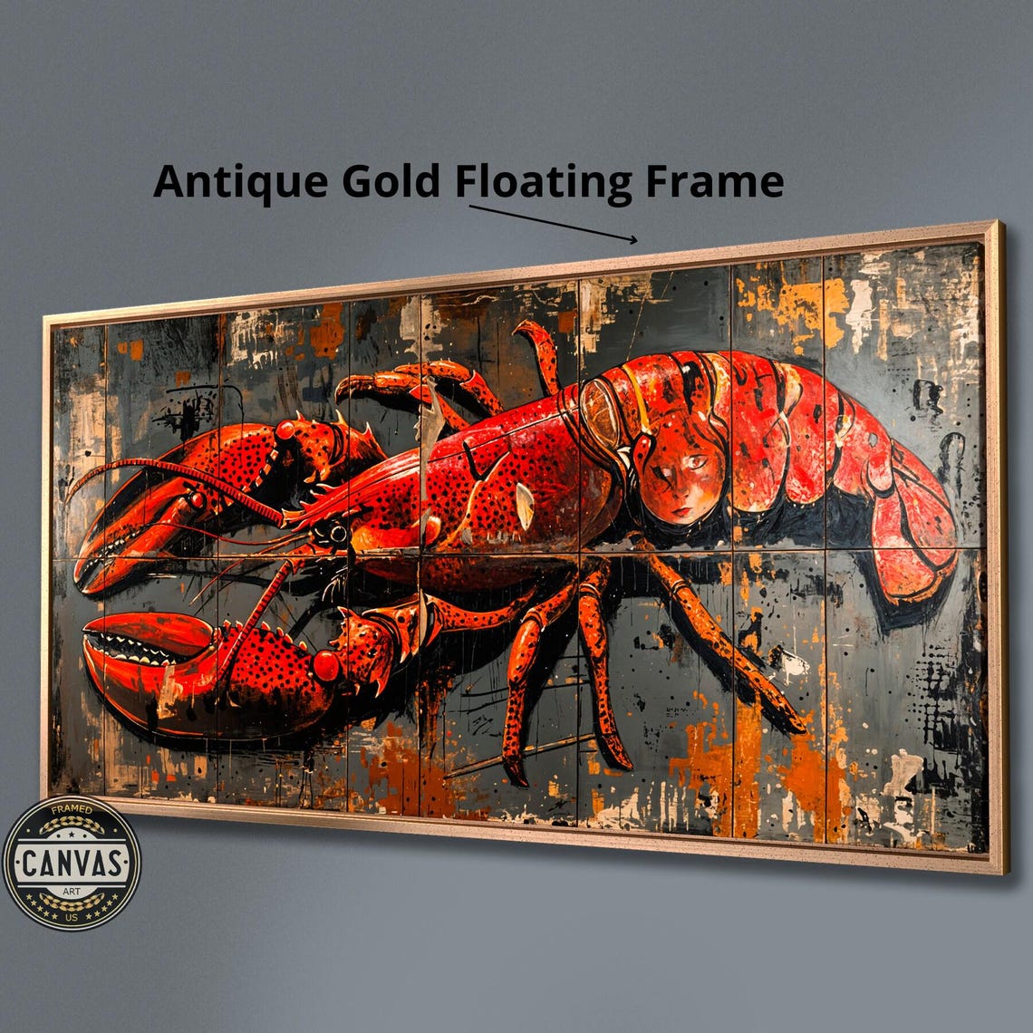 Red Lobster Painting Rustic Wood Planks Panoramic Seafood Wall Poster - Image 2