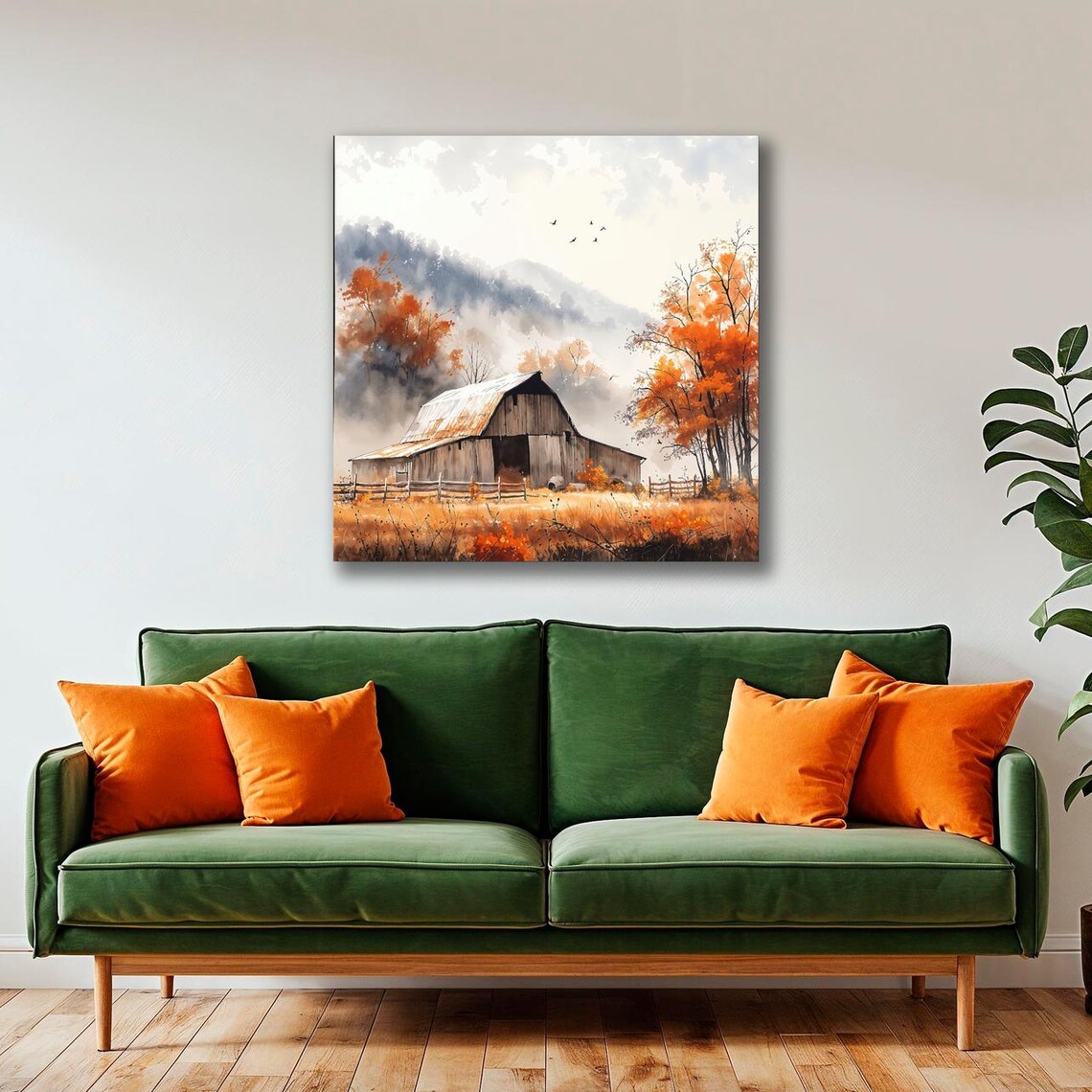 Rustic Barn Autumn Foliage Misty Mountain Landscape Painting Print - Image 2