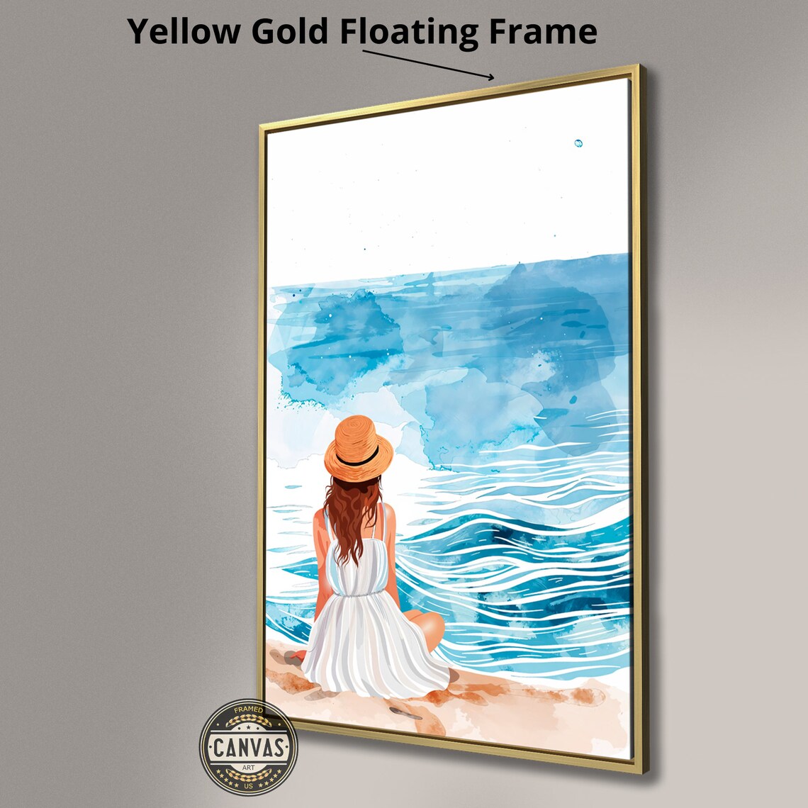 Woman In White Dress Straw Hat Beach Blue Ocean Watercolor Art Poster - Image 2