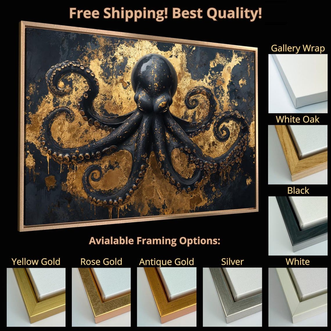 Dramatic Black Octopus Gold Leaf Underwater Gothic Luxury Art Print - Image 5