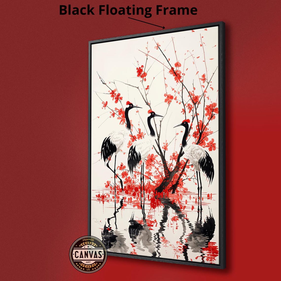 Red Crowned Cranes Red Cherry Blossom Water Reflections Poster - Image 2