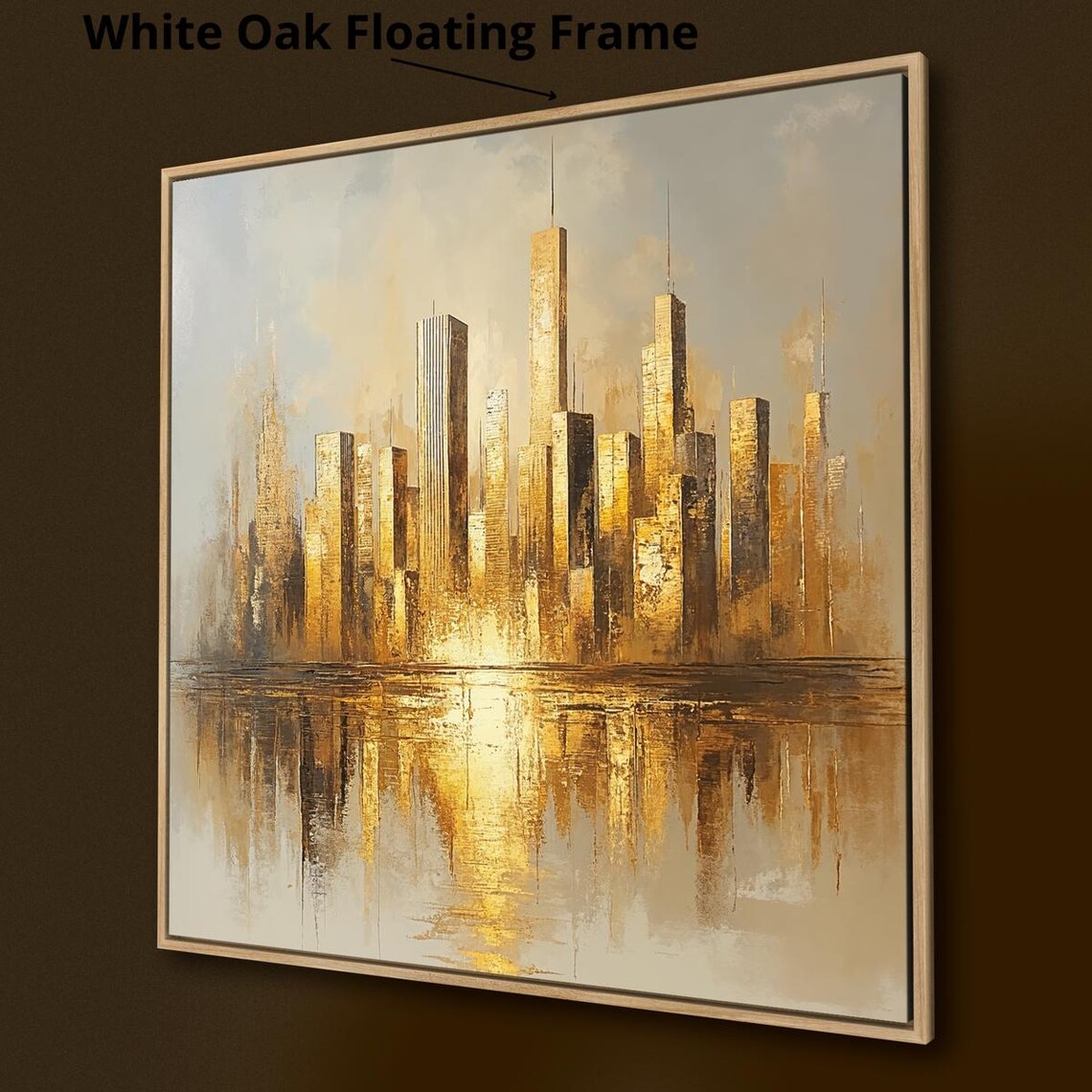 Glowing Golden City Skyline Tall Towers Water Reflection Art Print - Image 3