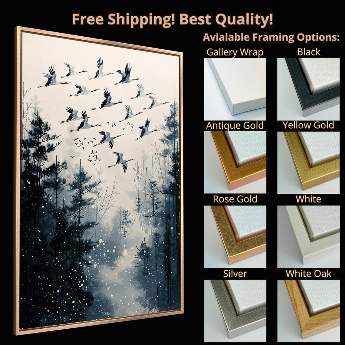 Japanese Cranes Flying Misty Snowy Pine Forest Winter Poster - Image 5