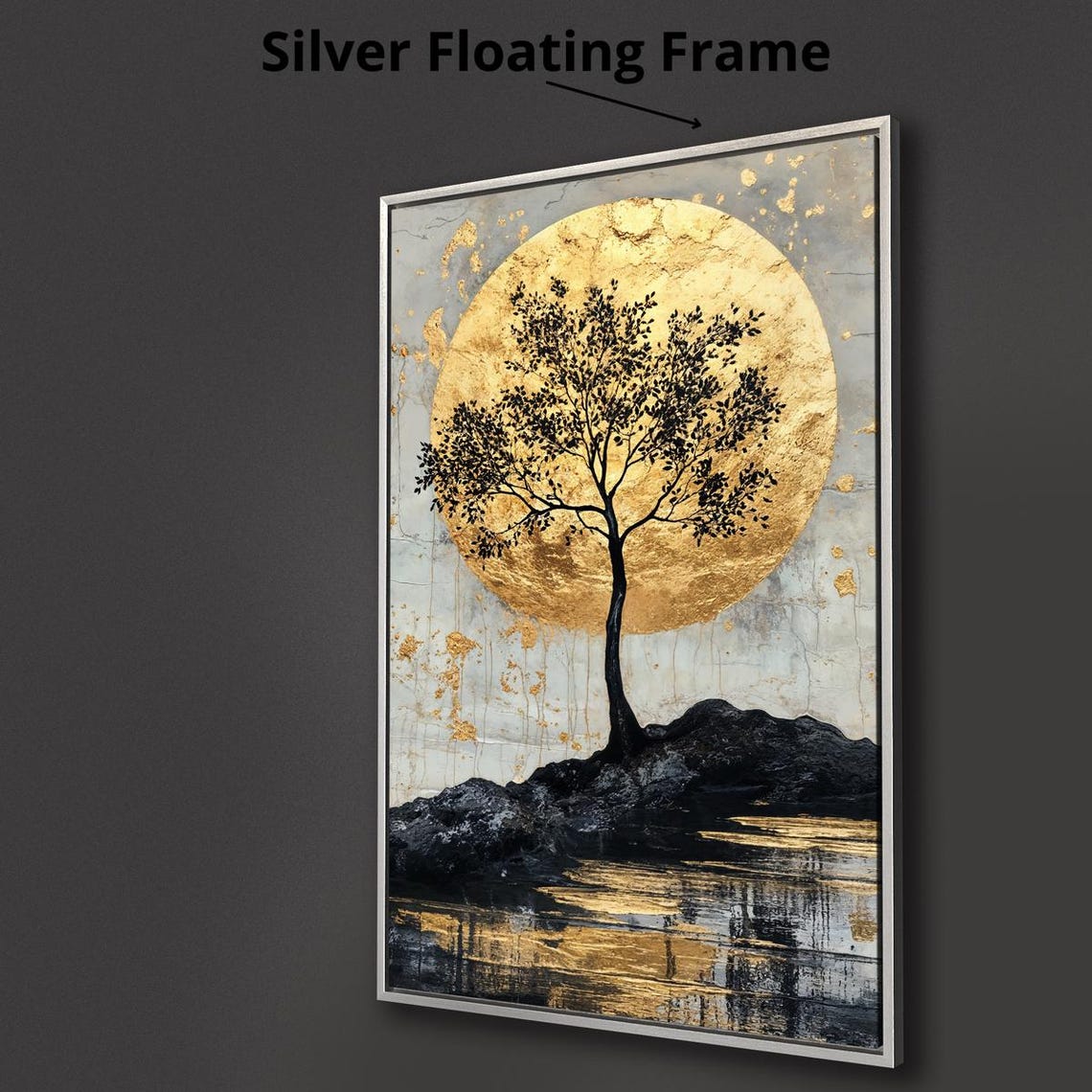 Black Tree Silhouette Gold Full Moon Reflective Water Art Print - Image 3
