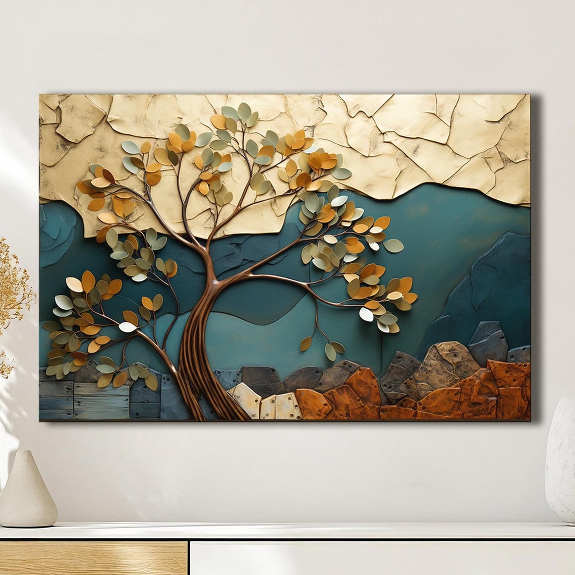 Copper Tree of Life Gold Leaves Teal Mountains Textured Art Poster