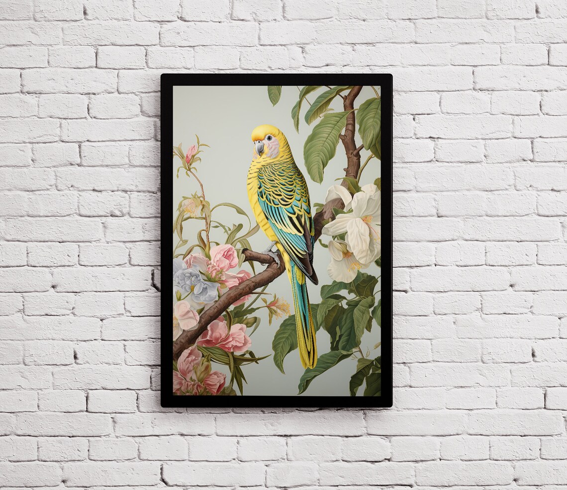 Chinoiserie Budgie Parakeet Floral Branch Vintage Style Poster - Image 2