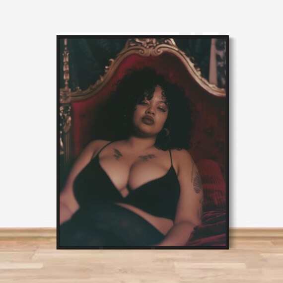 Boudoir Portrait Curvy Woman Black Lingerie Red Bed Art Poster