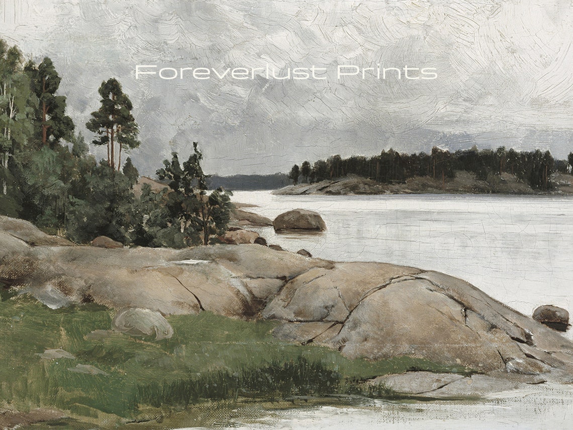 Antique Lake Painting Vintage Print Rustic Decor Lake House Cottage - Image 2