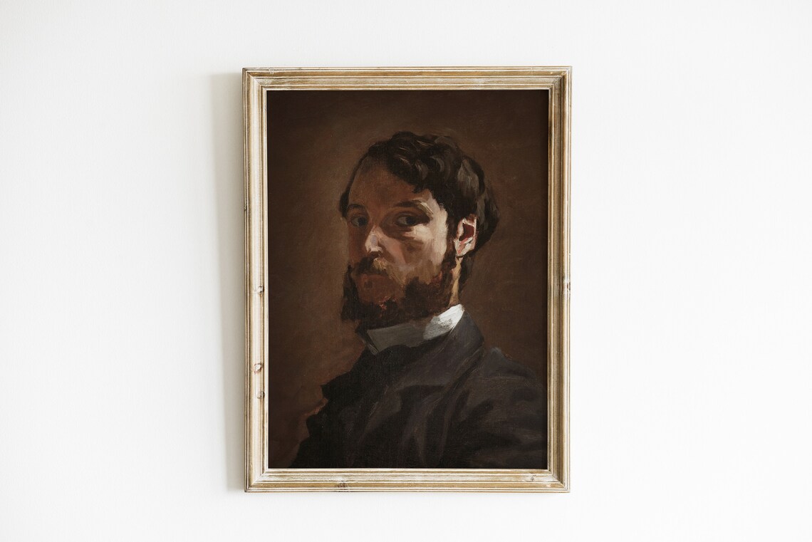 Moody Bearded Man Oil Portrait Dark Vintage Painting Antique Art Print
