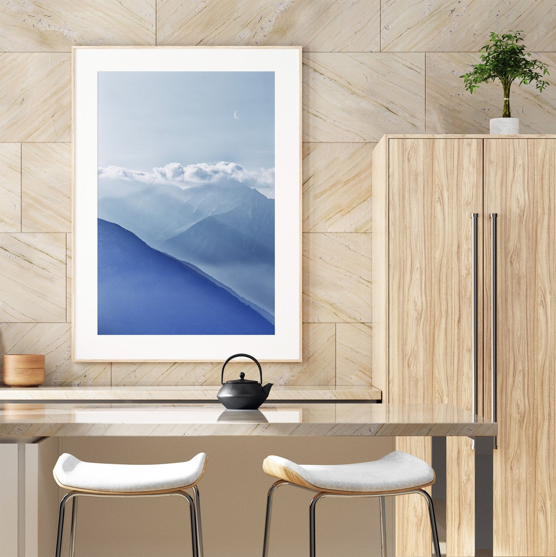 Blue Mountain Layers Crescent Moon Misty Peaks Serene Landscape Poster - Image 3