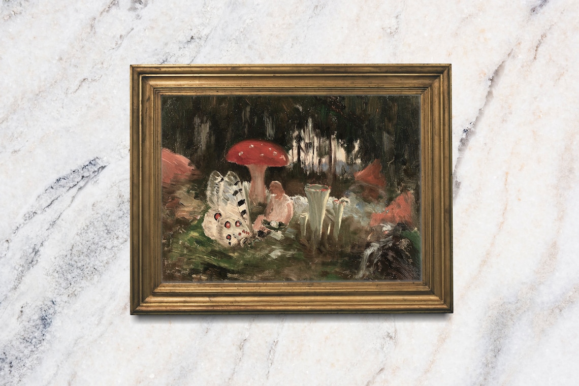 Fairy Forest Red Mushrooms Butterflies Whimsical Oil Painting Poster