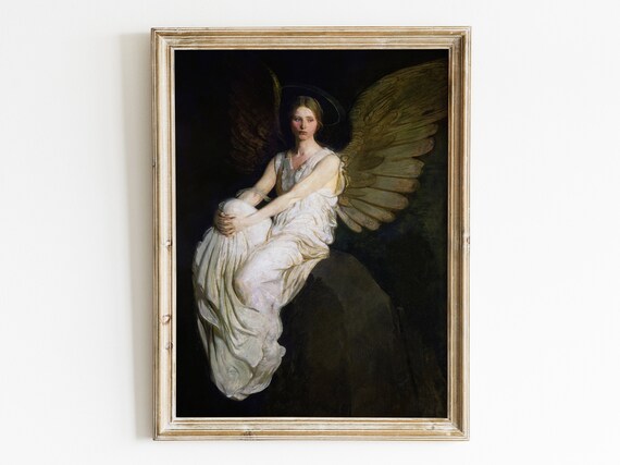 Moody Portrait Woman Painting Angel Wall Art Print Vintage Dark Academia Decor