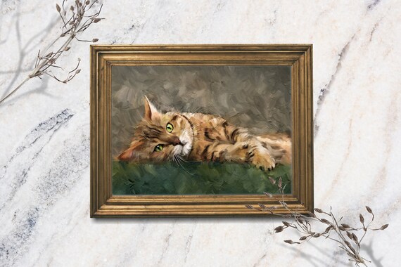 Ginger Tabby Cat Oil Painting Green Eyes Playful Vintage Pet Art Print