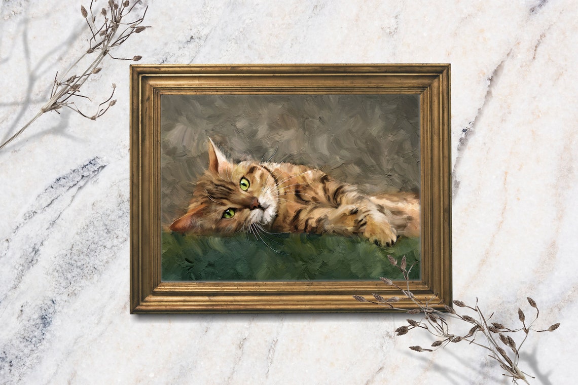 Ginger Tabby Cat Oil Painting Green Eyes Playful Vintage Pet Art Print