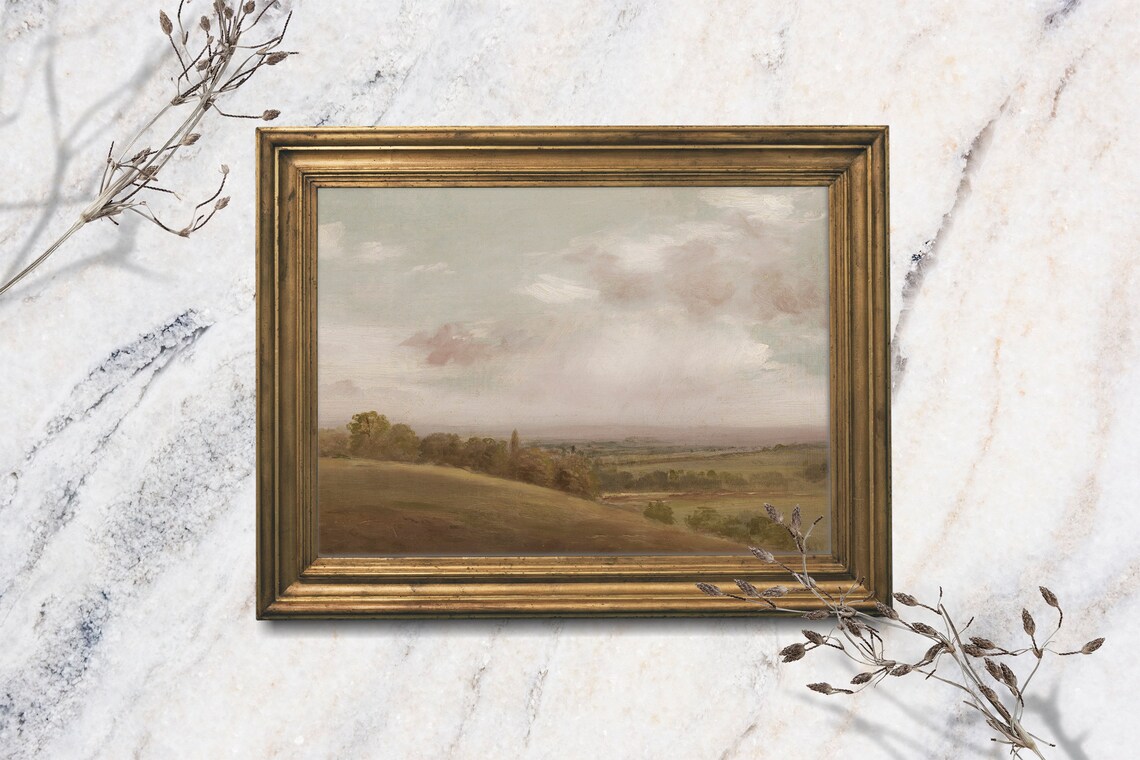 Soft Country Landscape Golden Field Pale Sky Vintage Oil Painting Print