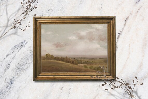Soft Country Landscape Golden Field Pale Sky Vintage Oil Painting Print