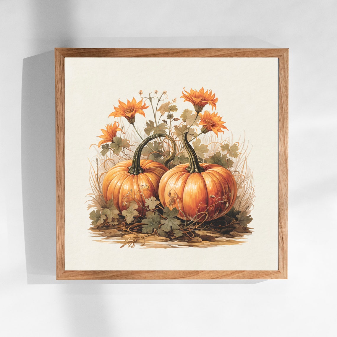 Two Pumpkins With Orange Blooms Rustic Autumn Harvest Art Poster - Image 2