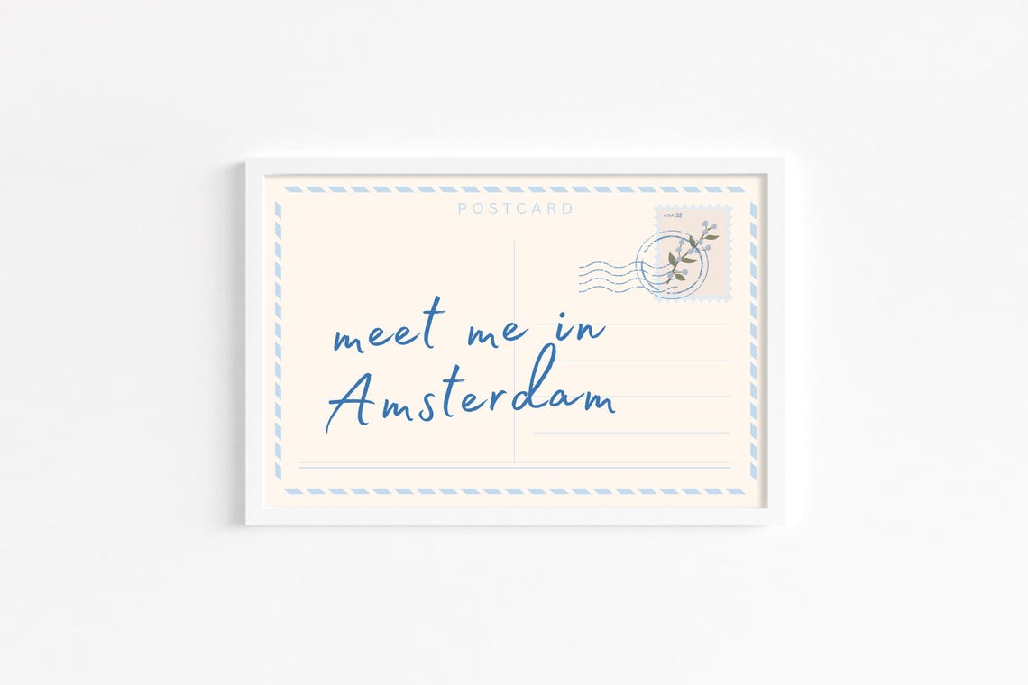 Meet Me In Amsterdam Blue Postcard Script Typography Art Print