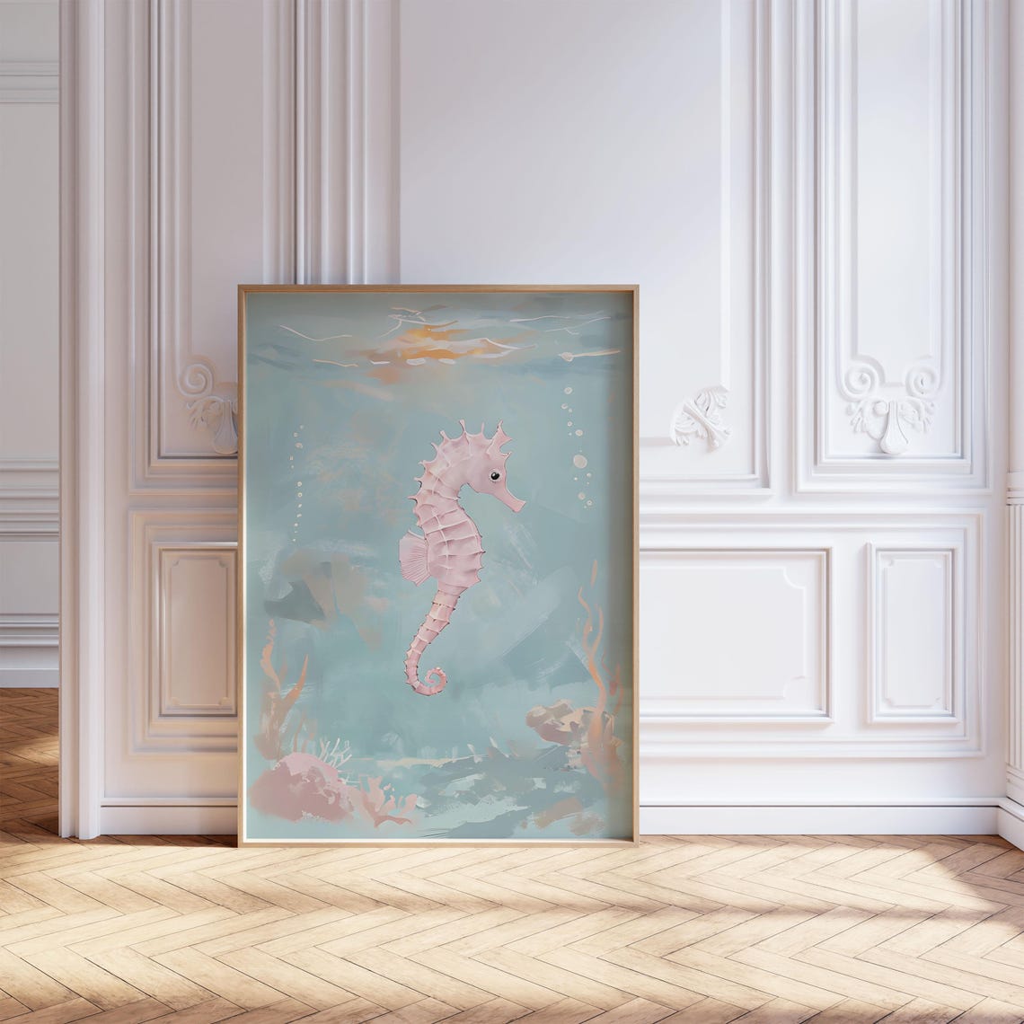 Pink Seahorse Pastel Underwater Ocean Coastal Nursery Room Art Poster