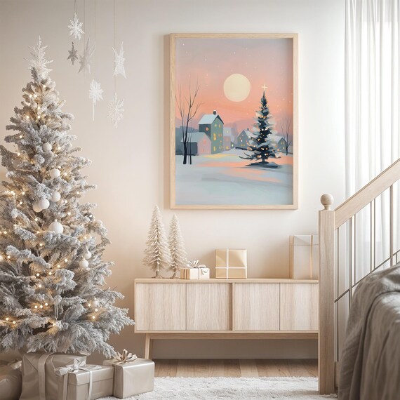 Christmas Village Print Abstract Winter Town Painting Cute Pink Seasonal Decor Festive Holiday Wall Art