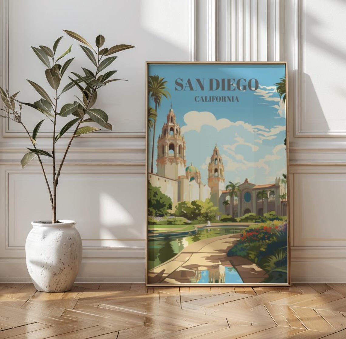 San Diego California Balboa Park Towers Palms Vintage Travel Poster