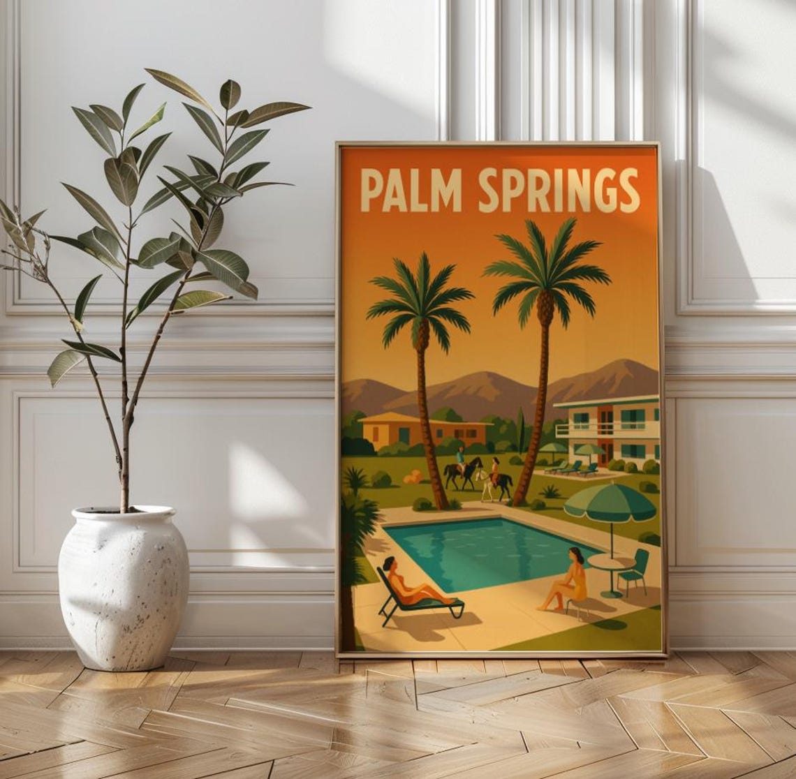 Palm Springs California Retro Pool Party Vintage Travel Poster