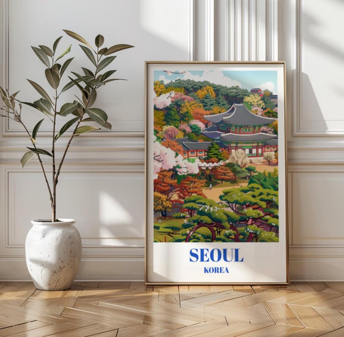 Seoul Korea Changdeokgung Palace Autumn Garden Vintage Travel Poster
