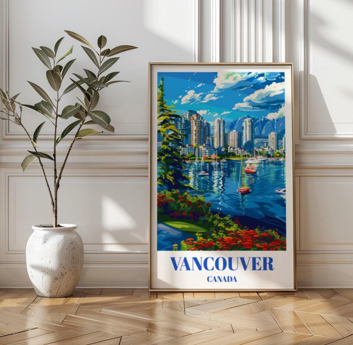 Vancouver Canada Coal Harbor Skyline Harbor Vintage Travel Poster