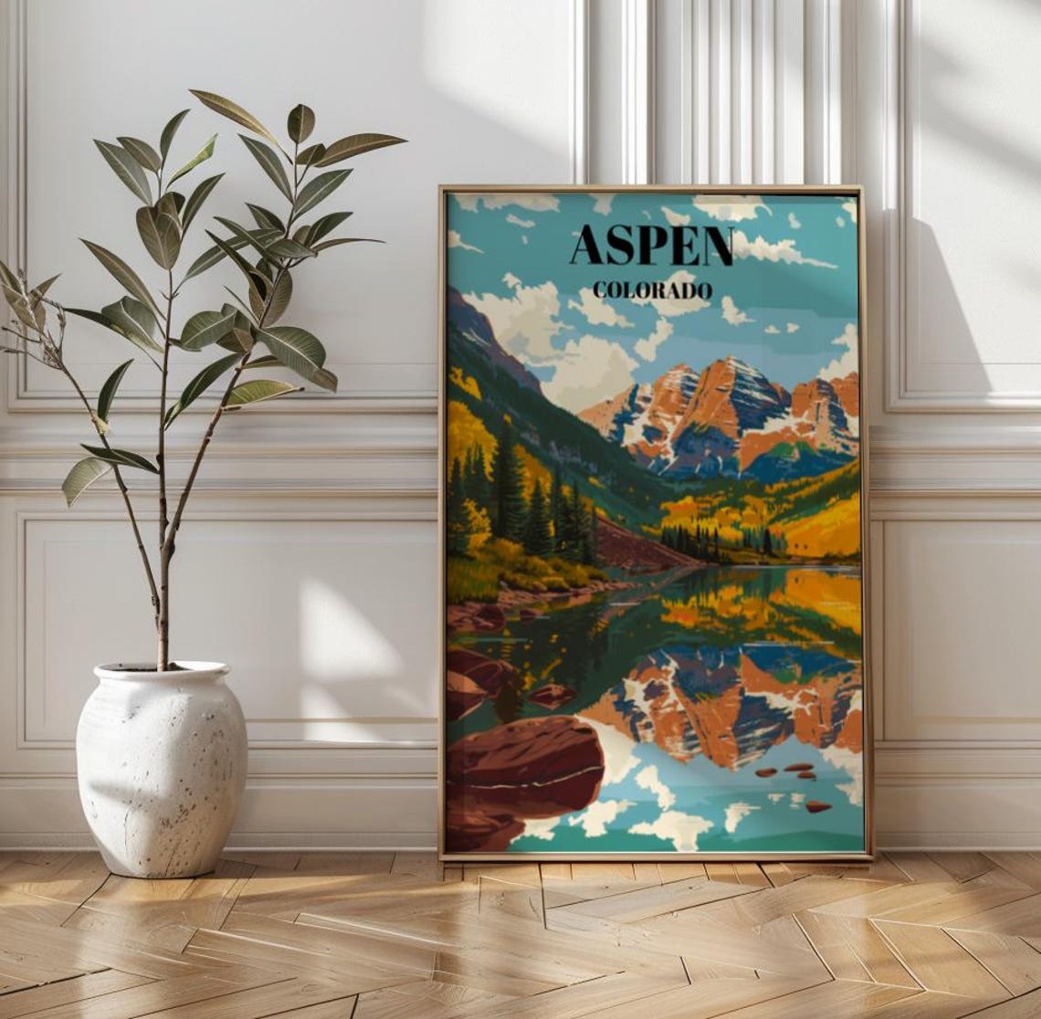 Aspen Colorado Maroon Bells Lake Reflection Fall Retro Travel Poster