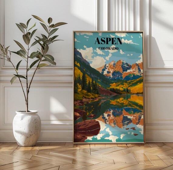 Aspen Colorado Maroon Bells Lake Reflection Fall Retro Travel Poster