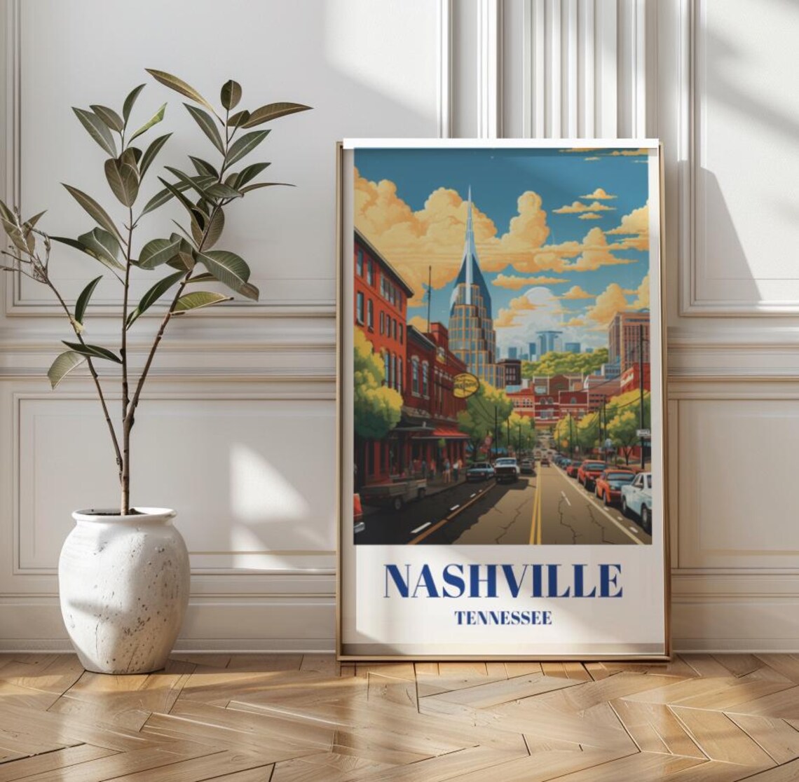 Nashville Tennessee Broadway Street Music City Vintage Travel Poster