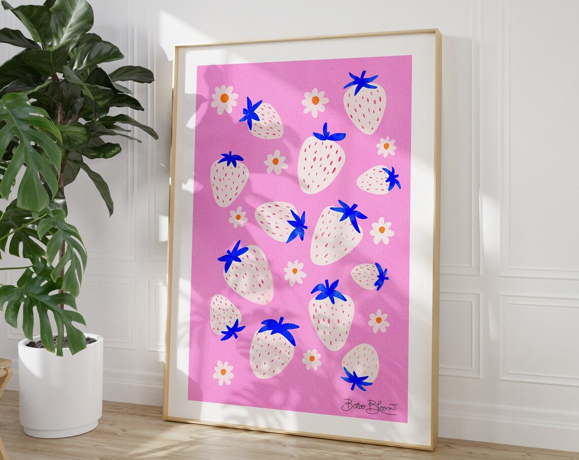 Strawberries Maximalist Art Print, Colorful Eclectic