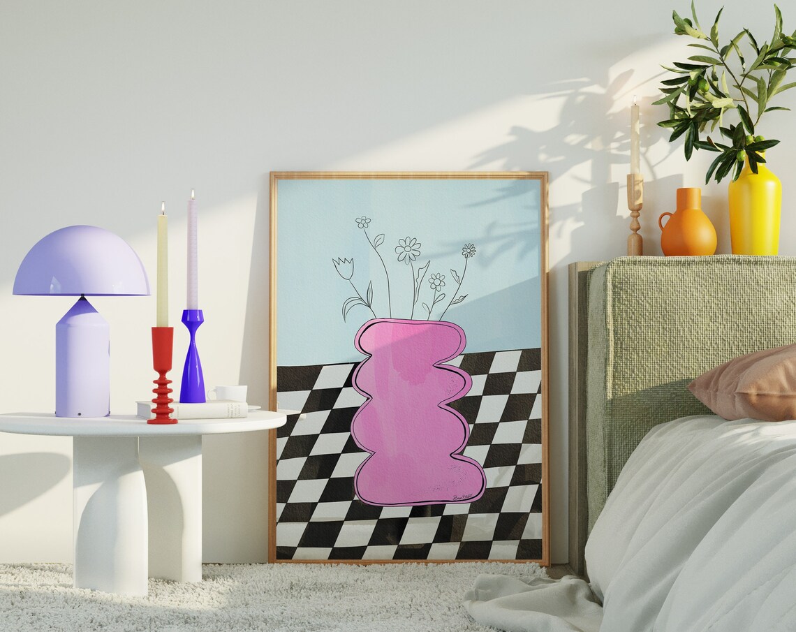 Pink Wavy Vase Checkerboard Watercolor Floral Art Print
