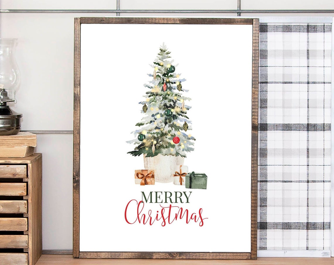 Merry Christmas Decorated Tree Watercolor Holiday Sign Wall Art