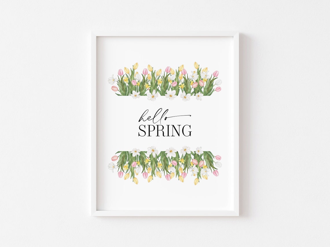 Hello Spring Watercolor Tulip Pastel Daffodil Floral Border Poster