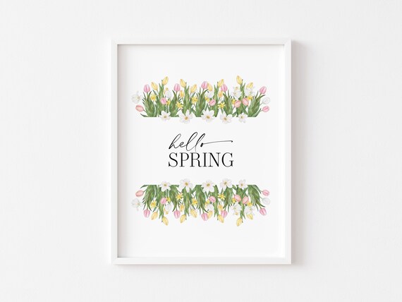 Hello Spring Watercolor Tulip Pastel Daffodil Floral Border Poster