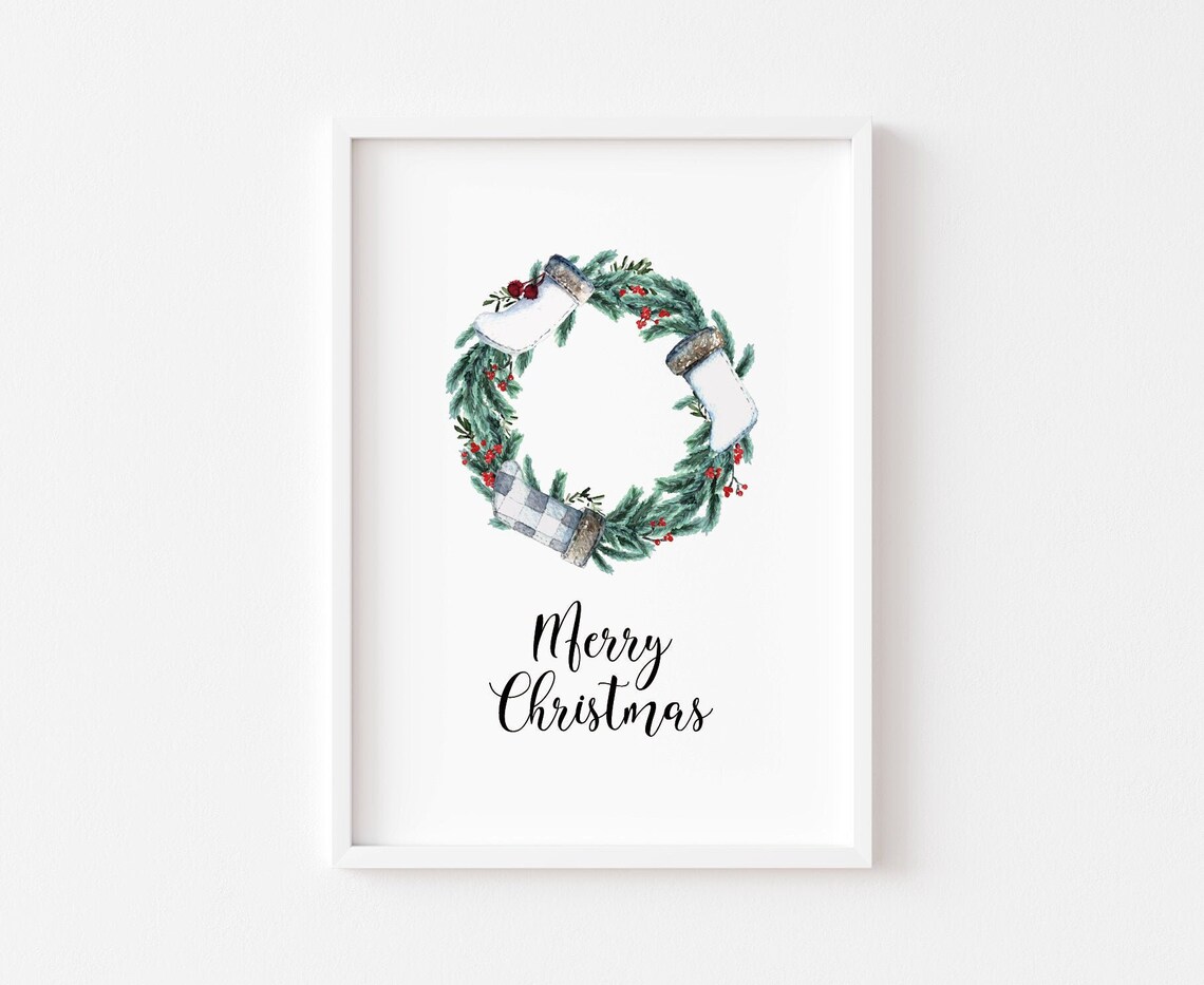 Christmas Wreath Art Print, Seasonal Xmas Decor