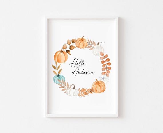 Hello Autumn Wreath Print, Halloween Pumpkin Art