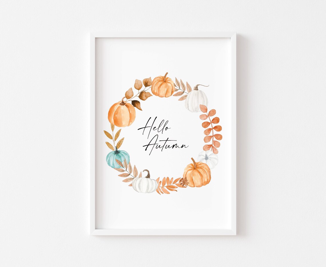 Hello Autumn Wreath Print, Halloween Pumpkin Art