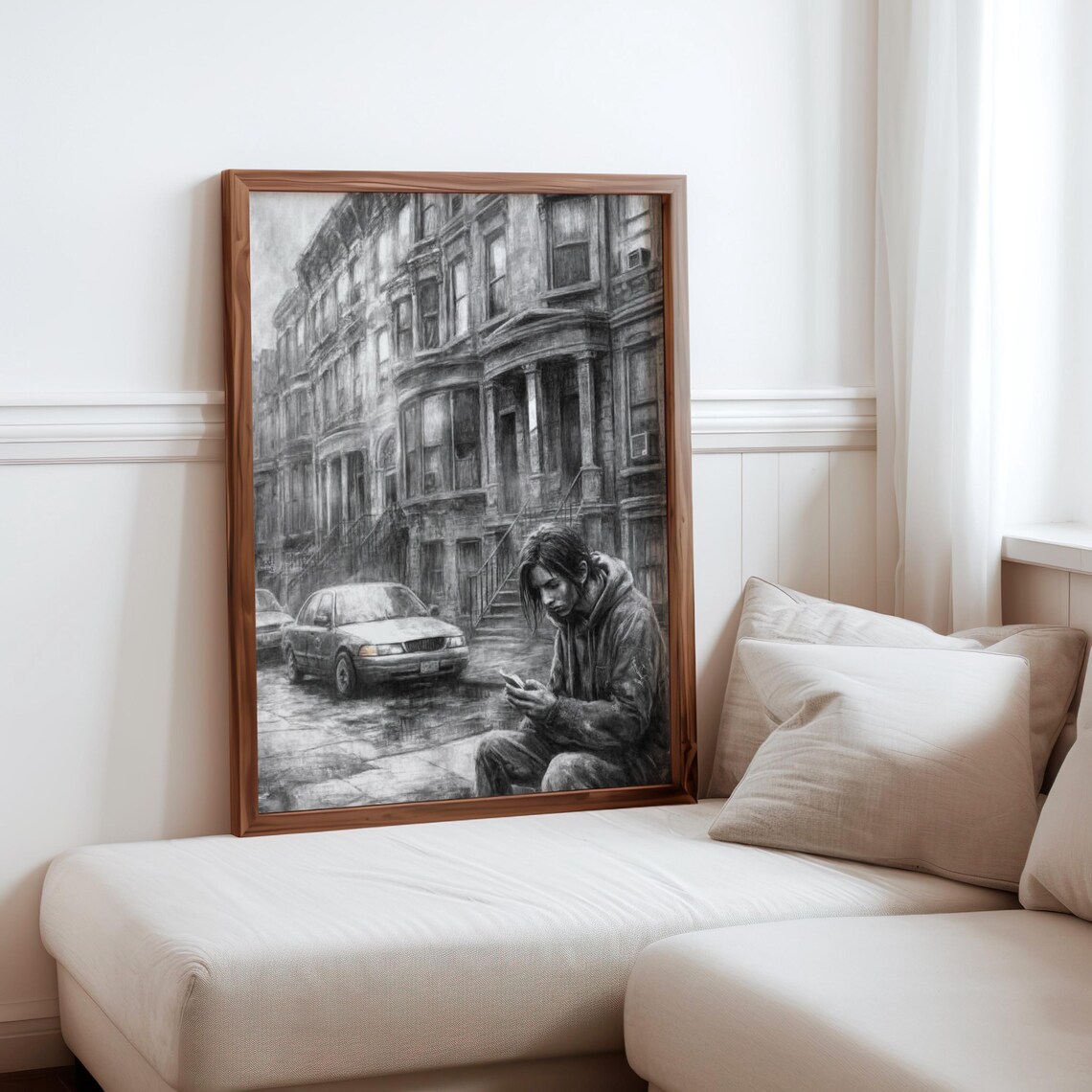 Black And White Man Stoop Phone Brownstone Street Photorealism Poster