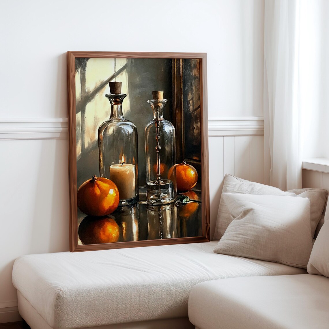 Glass Apothecary Bottles Candle Oranges Chiaroscuro Still Life Print