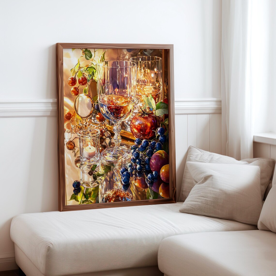 Wine Glasses Cherries Golden Light Still Life Photorealism Art Print