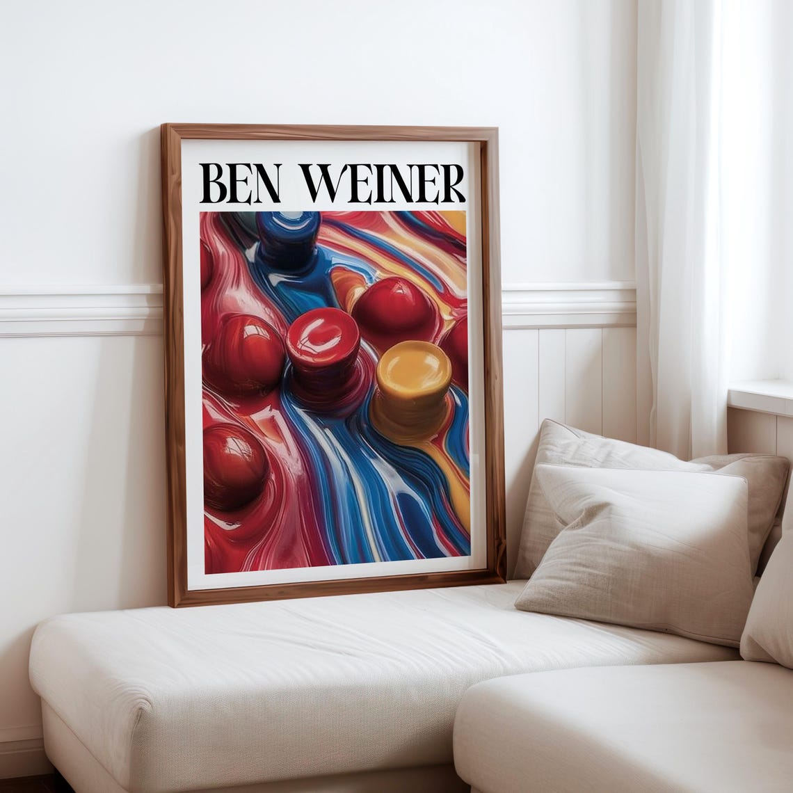 Ben Weiner Inspired Glossy Red Blue Paint Swirls Abstract Art Print
